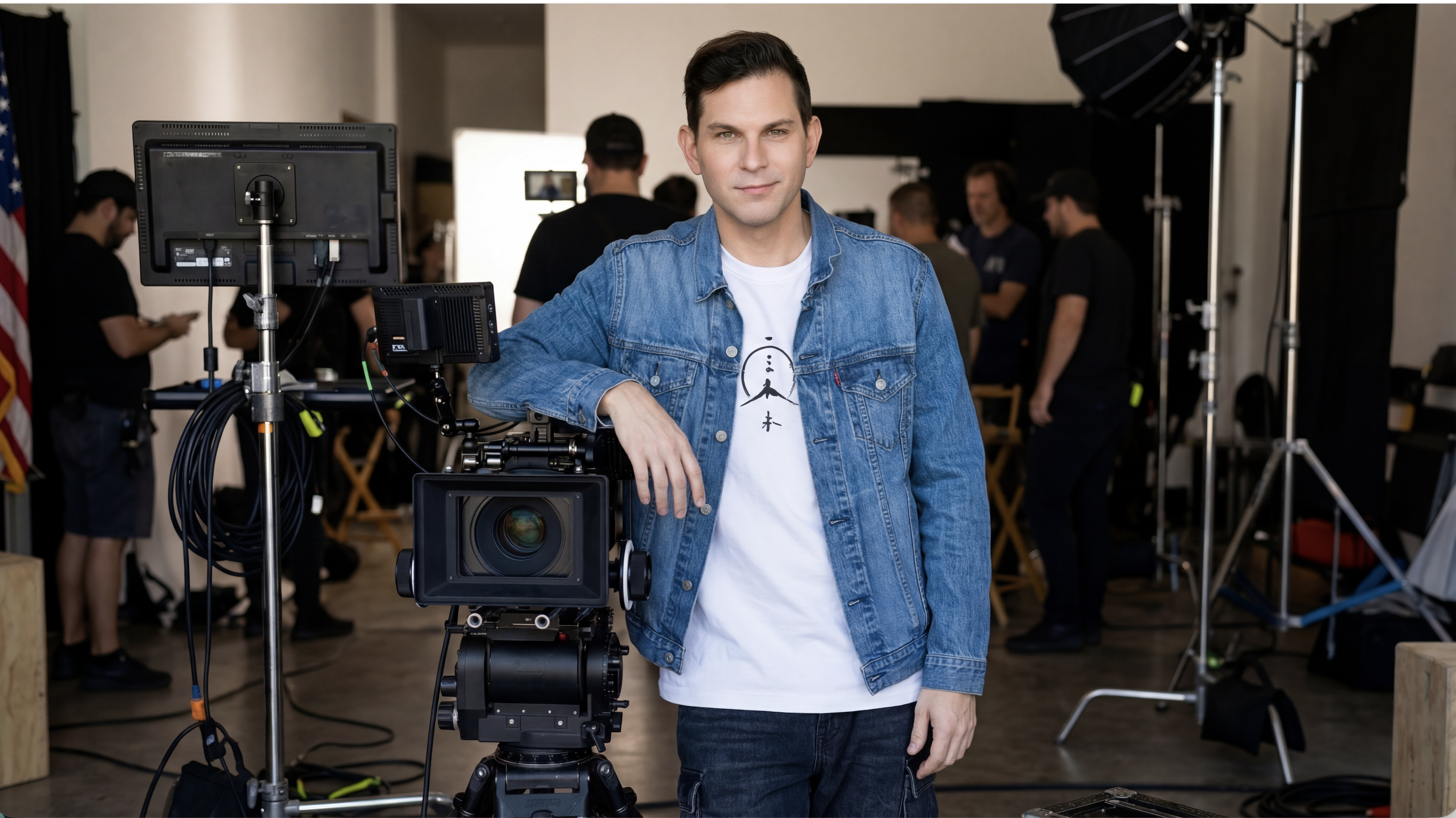 Paul Becker leaning on cinema camera